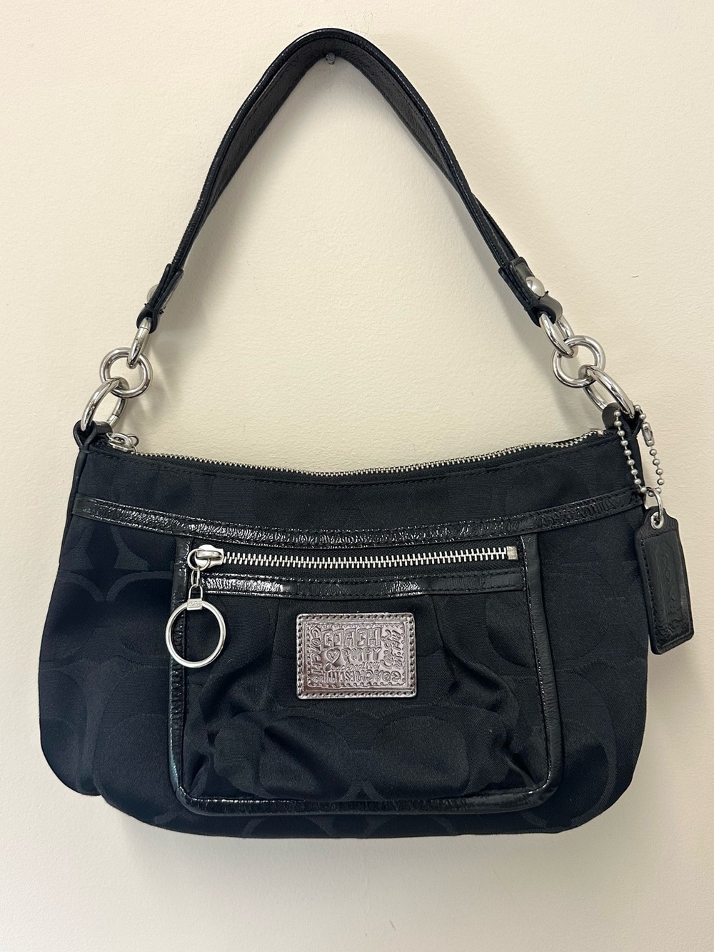 Coach Poppy Graffiti Signature Hobo Bag with Black Patent Trim